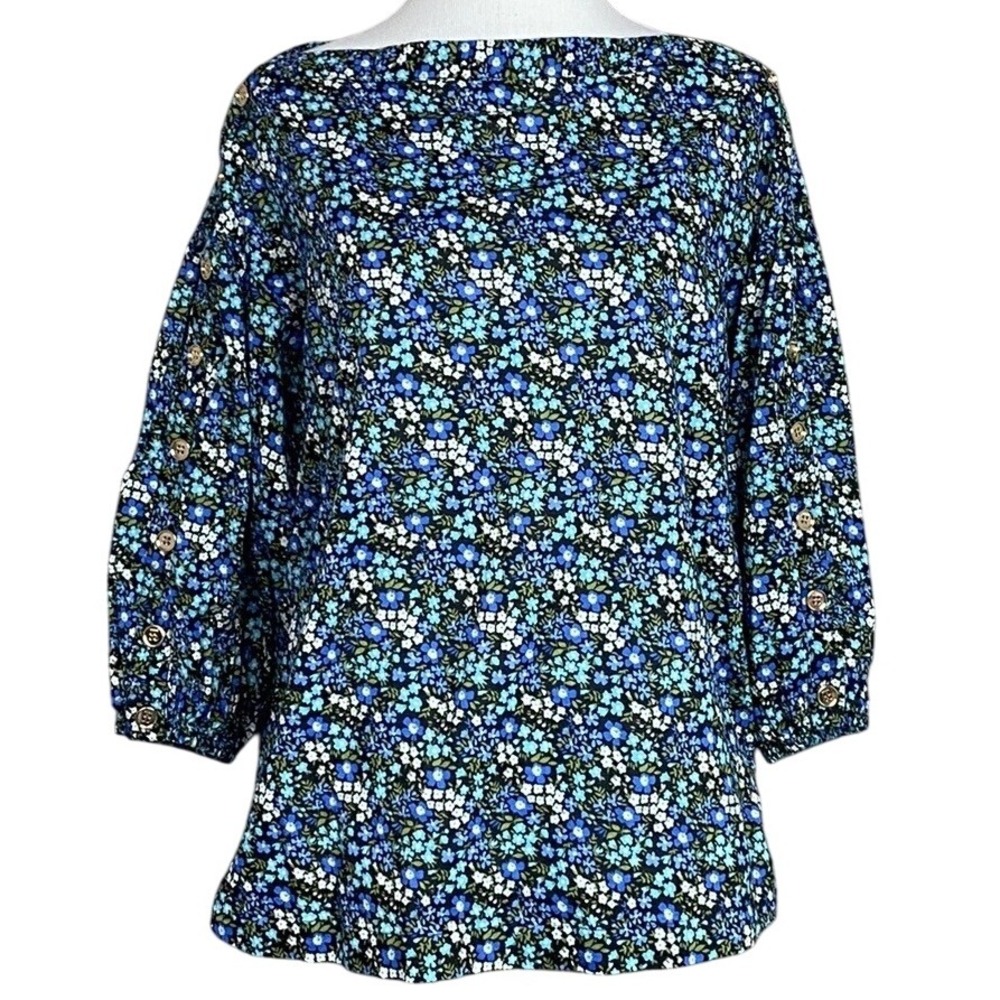 BURU Women XS Blue Floral Print Boat Neck Elbow Sleeve Button Cuff Top Boho